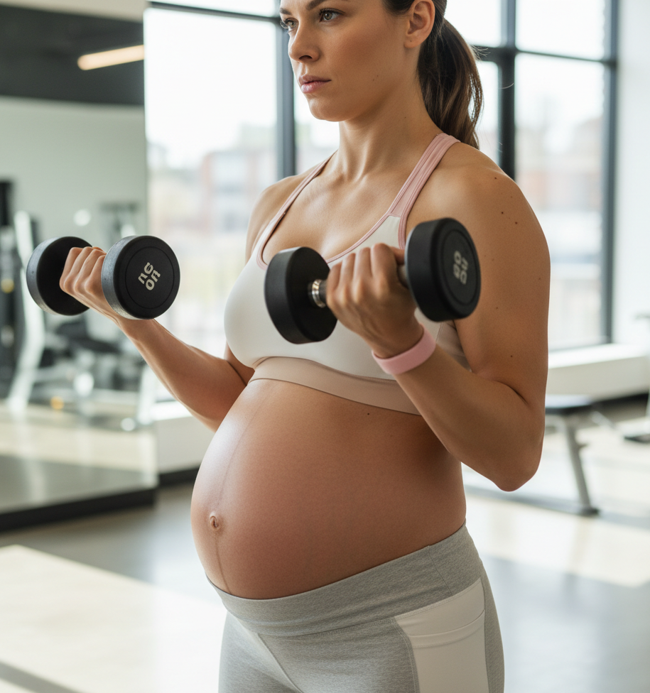 Zwangere vrouw doet krachttraining met dumbbells — placeholder, eigen fotografie wordt nog aangeleverd